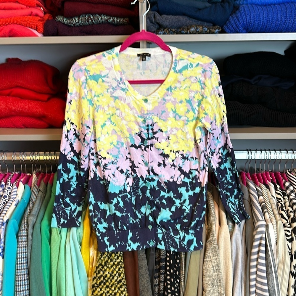 Talbots Multicolor Floral V-Neck Sweater — Yellow Pink Aqua Navy